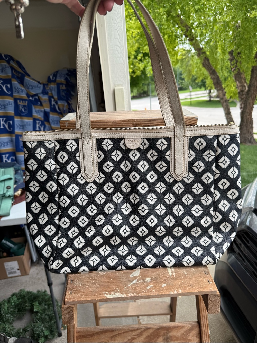 Fossil Black and Cream Patterned Tote